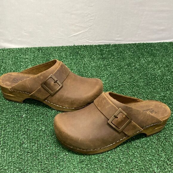 Sanita Brown Leather Mules with Buckle - Picture 1 of 8
